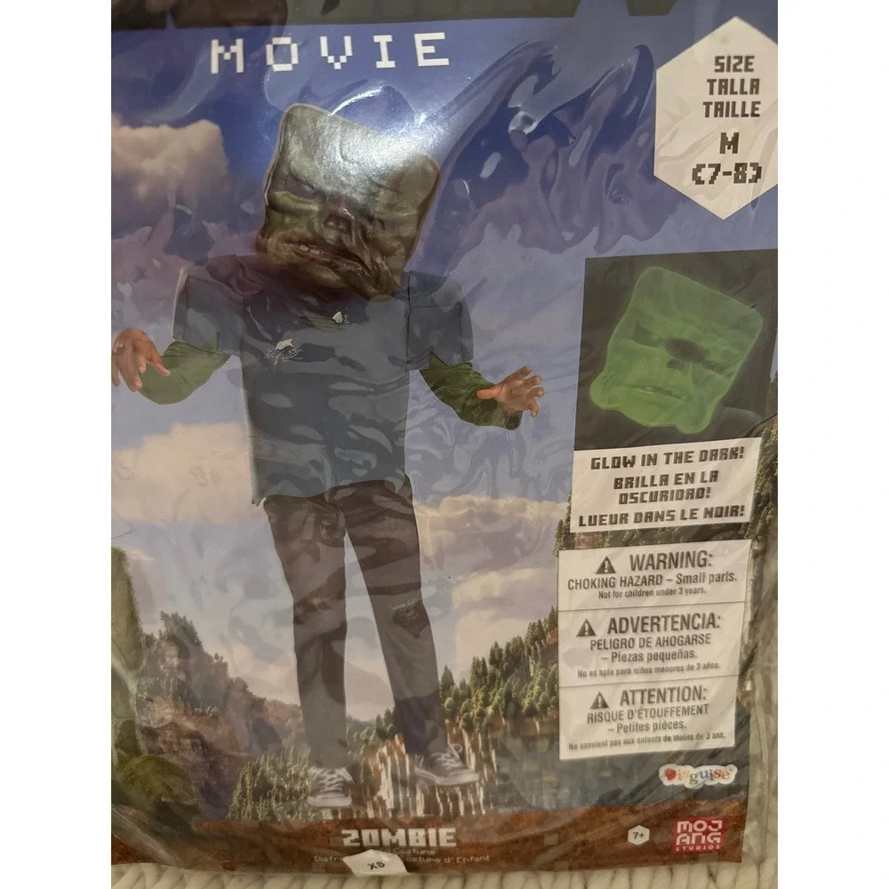 Minecraft‎ Movie ZOMBIE Jumpsuit Costume Size M 7-8 Mask Glows NIP Unisex